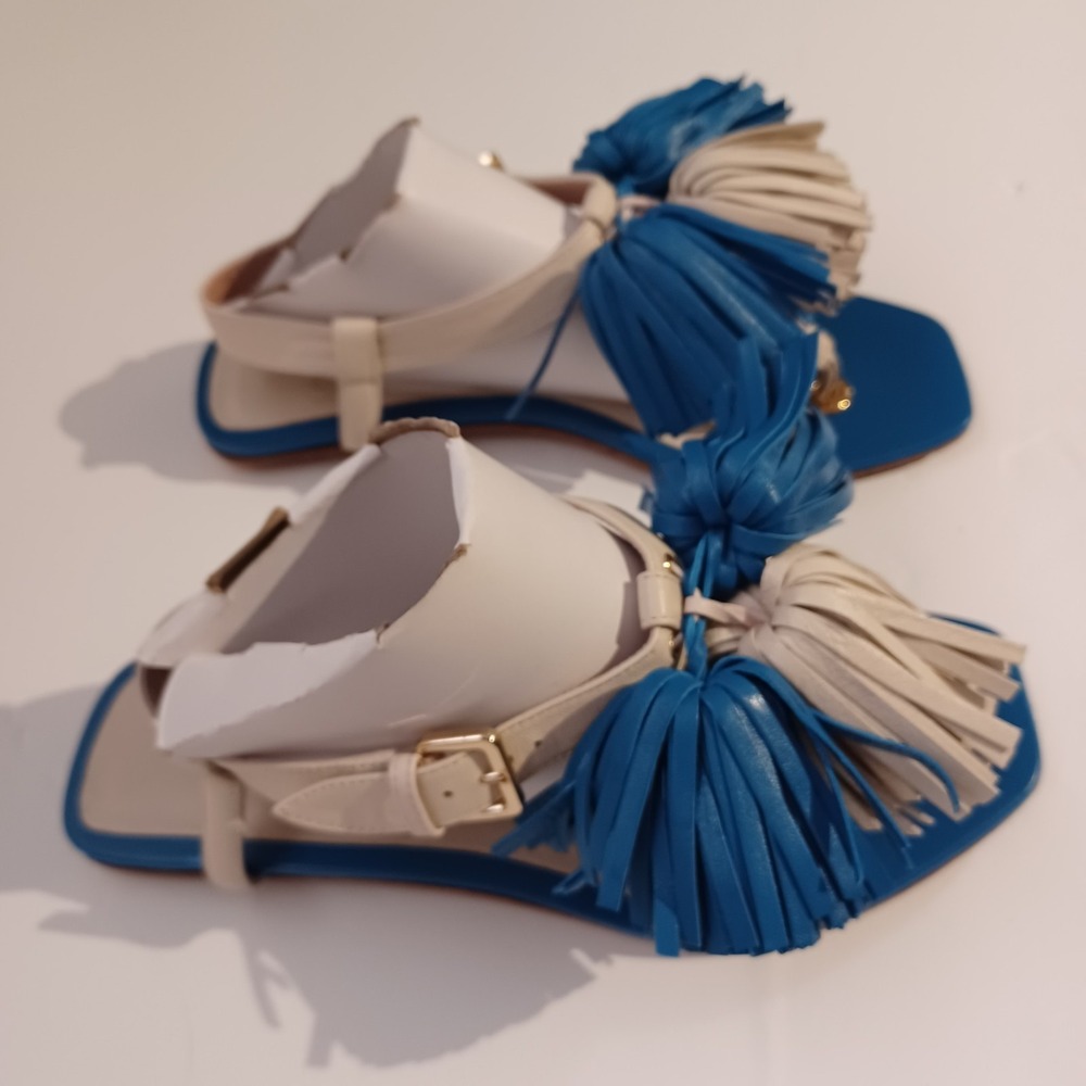 Rare Loewe Womens Leather Flat Sandals Made In ITALY Sz 35 Blue Cream Tassels